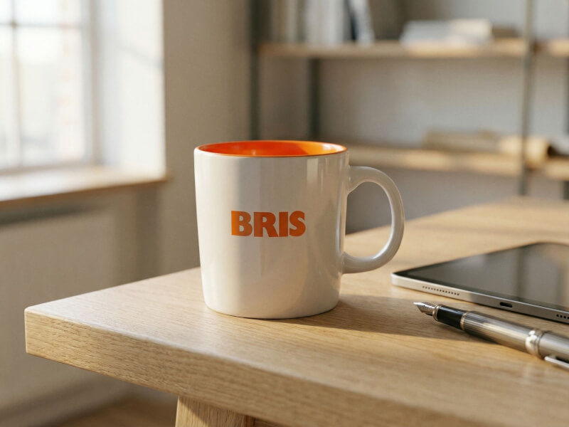 Stengodsmugg Emma i blank vit finish med orange logotyp och kontrasterande orange insida, placerad på ett skrivbord i en kontorsmiljö.