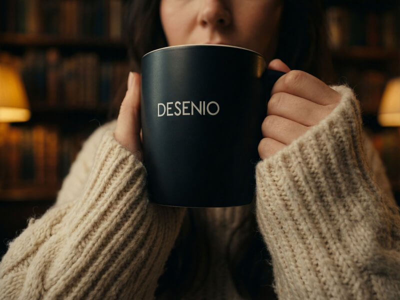 Kvinna i stickad tröja som håller en matt mörkblå Kaffemugg Riviera med tryckt Desenio-logotyp i en mysig hemmamiljö med bokhyllor i bakgrunden.