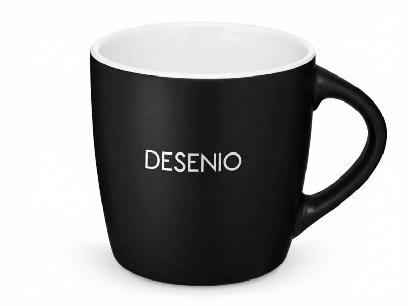 Kaffemugg Riviera i matt svart finish med vit insida och tryckt Desenio-logotyp, isolerad mot vit bakgrund.