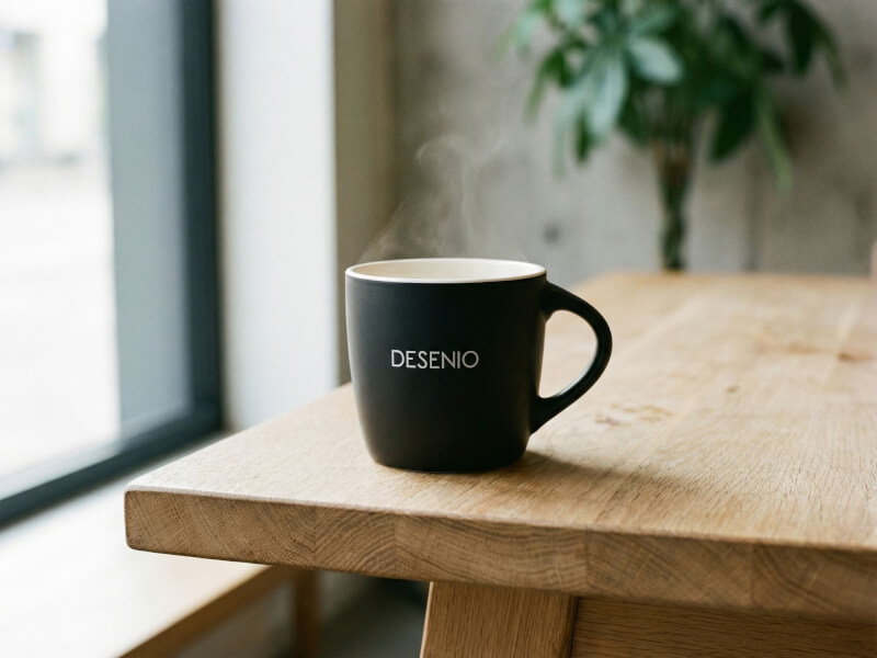 Kaffemugg Riviera i matt svart med vit insida och logotyp, placerad på ett träbord i en modern kontorsmiljö med ångande varm dryck.