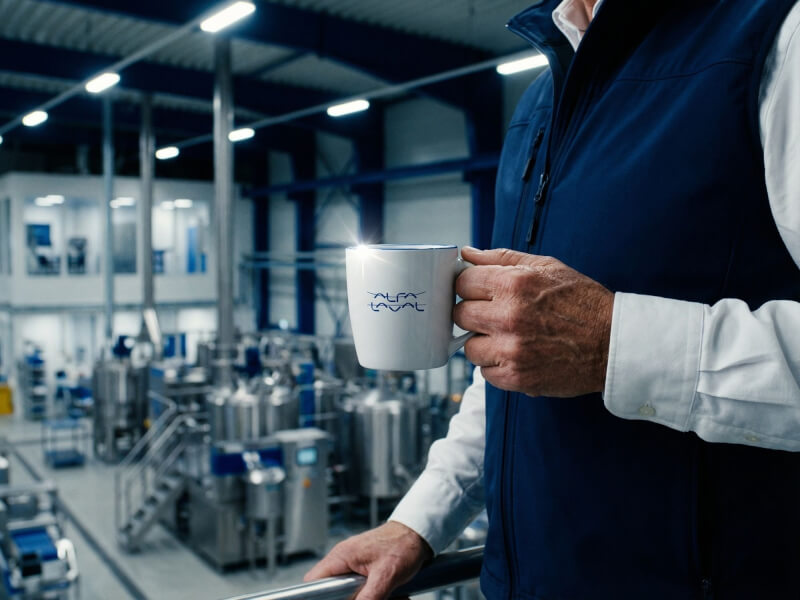En person i arbetsväst håller en vit blank kaffemugg av modellen Aztec med Alfa Laval-logotyp tryckt på framsidan, i en industriell fabriksmiljö.