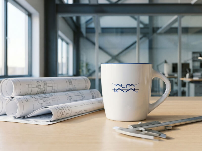 Vit Kaffemugg Aztec med blå Alfa Laval-logotyp, placerad på ett skrivbord i en teknisk kontorsmiljö med ritningar och ett skjutmått.