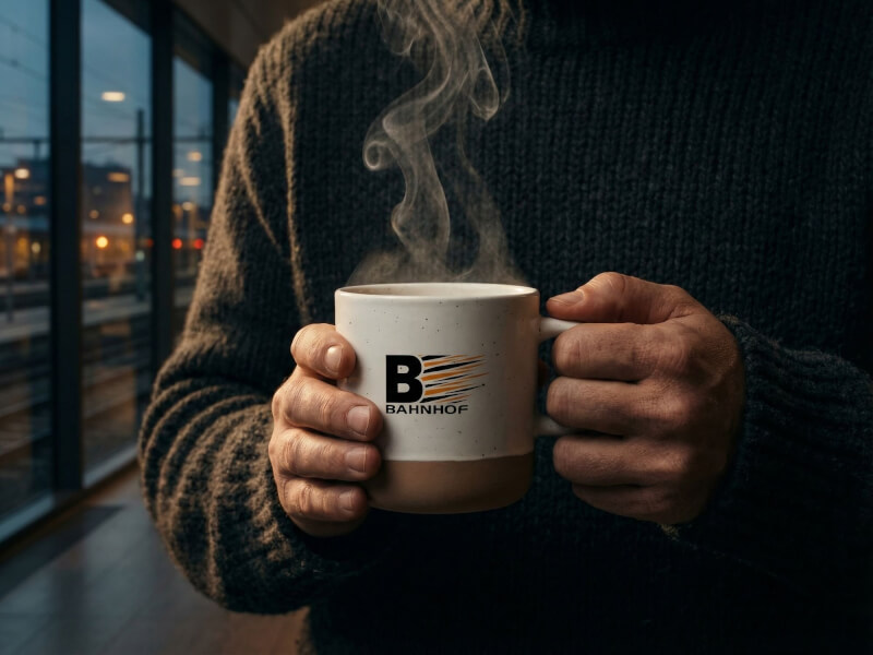 Person som håller i en rykande varm Kaffemugg Pascal med fläckig design, tryckt med Bahnhof-logotyp, i en kontorsmiljö med utsikt genom ett fönster.