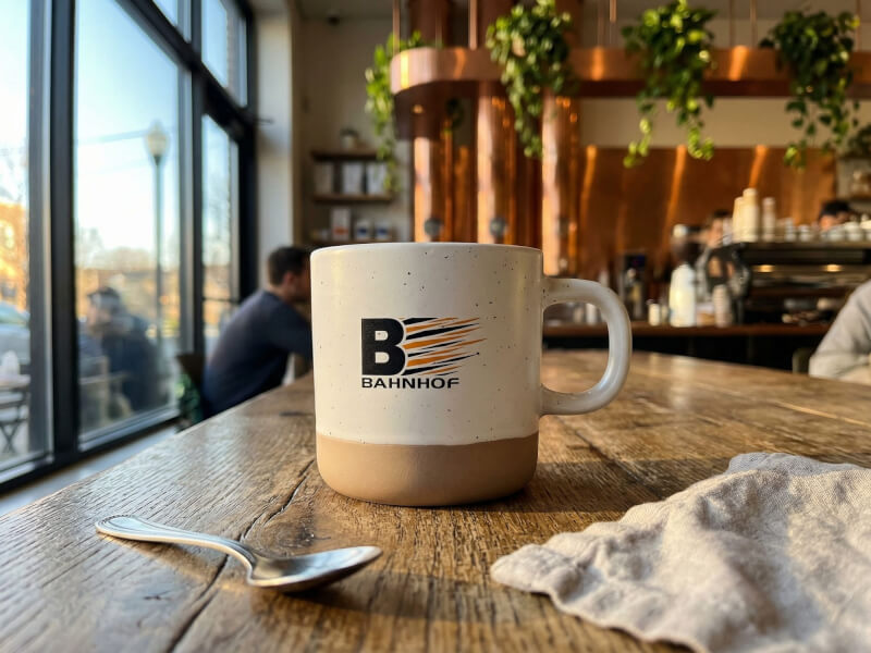 Kaffemugg Pascal med fläckig design och Bahnhof-logotyp placerad på ett rustikt träbord i en kafémiljö.