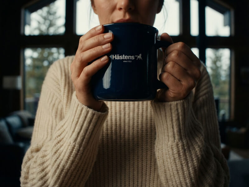 Kvinna i beige stickad tröja håller i en blank mörkblå Kaffemugg Vintage med tryckt Hästens-logotyp i ett hemtrevligt vardagsrum.