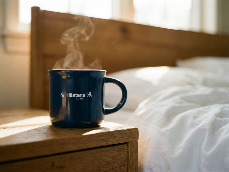 En rykande varm, mörkblå blank kaffemugg av modellen Vintage med tryckt vit Hästens-logotyp, placerad på ett träbord i ett ljust sovrum.