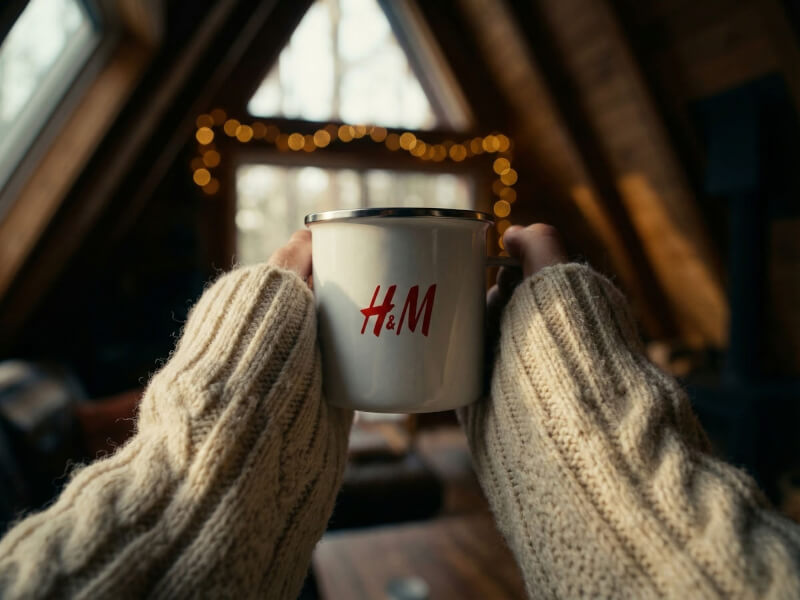 Person i beige kabelstickad tröja håller i en vit emaljerad kaffemugg av modellen Camp med röd H&M-logotyp i en mysig stugmiljö med bokeh-ljus i bakgrunden.