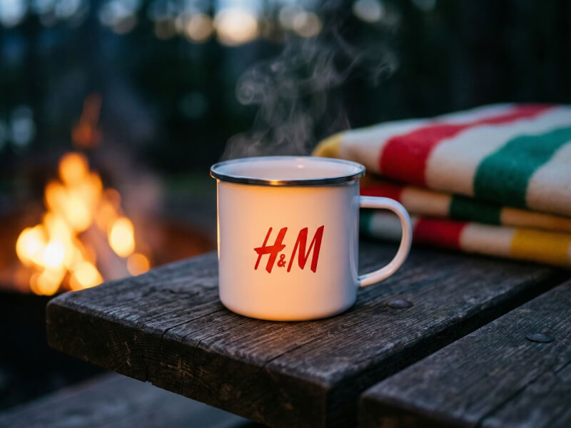 Vit emaljmugg av modell Camp med H&M-logotyp, placerad på ett träbord vid en lägereld med en filt i bakgrunden.