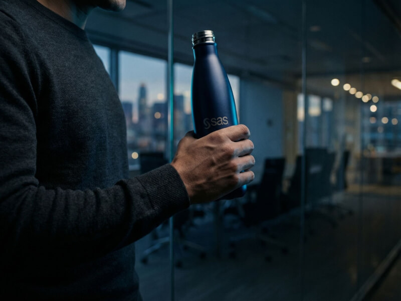 Manshand håller en mörkblå SAS-termosflaska inne på ett kontor med glasväggar och utsikt mot en stadssiluett badande i kvällsljus