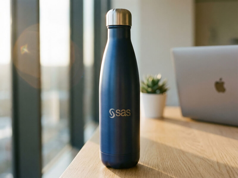 SAS-termos i blå nyans stående på ett välstädat träskrivbord med en bärbar dator i bakgrunden under behagligt inkommande fönsterljus