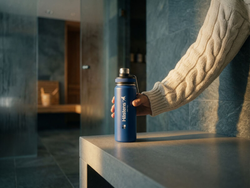 Person iförd ljus grovstickad tröja ställer ifrån sig en Hästens termosflaska på ett ljust stengolv i en avkopplande spamiljö med mörkt kakel