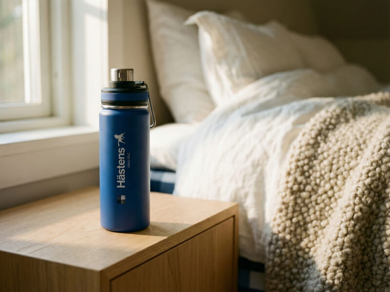 Blå Hästens termosflaska stående dekorativt på ett avrundat sängbord av trä intill en ljus mysig säng i eftermiddagssolen