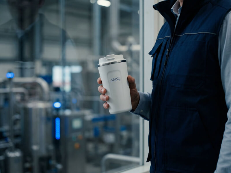 Person i arbetsväst håller en vit matt termosmugg Thor 500 med Alfa Laval-logotyp i en industriell fabriksmiljö.