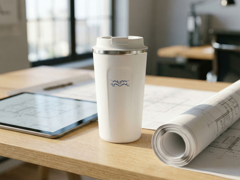 Vit matt termosmugg Thor 500 med Alfa Laval-logotyp placerad på ett skrivbord i en kontorsmiljö med ritningar och en surfplatta.
