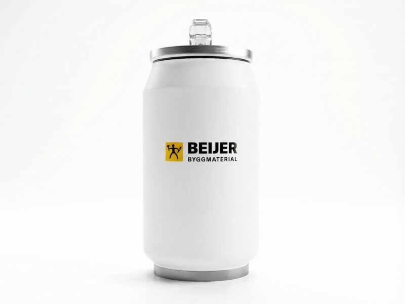 Vit matt termosmugg Can 280 med Beijer Byggmaterial-logotyp tryckt på framsidan, isolerad mot vit bakgrund.