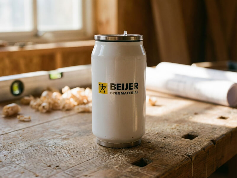 Vit blank termosmugg Can 280 med Beijer Byggmaterial-logotyp placerad på en träbänk i en snickarverkstad.