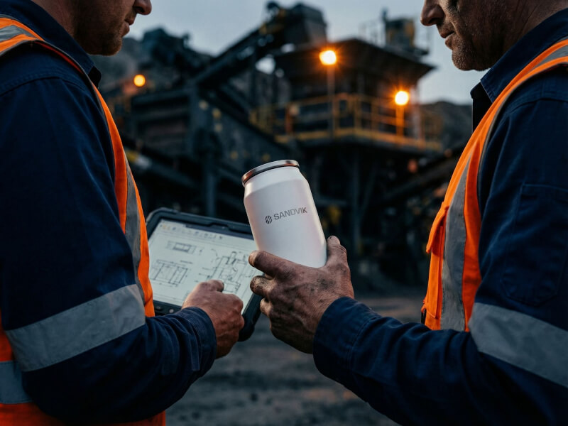 Vit matt termosmugg Can 330 med Sandvik-logotyp tryckt på en byggarbetsplats där två arbetare i varselvästar håller i en surfplatta.