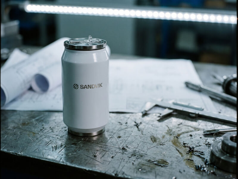 Vit termosmugg Can 330 med lasergraverad Sandvik-logotyp, placerad på en sliten arbetsbänk i en industriell verkstadsmiljö med ritningar och verktyg.