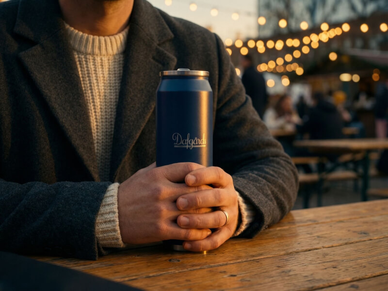 En man klädd för kvällen håller båda händer runt en blå Dafgårds burktermos sittandes på en utomhusrestaurang kantad av dekorativ ljusslinga