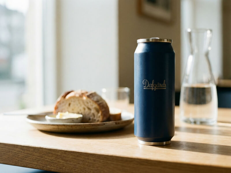 Dafgårds blå burktermos varsamt komponerad med levainbröd, smör och ett vattenglas på ett ljust träbord intill ett fönster