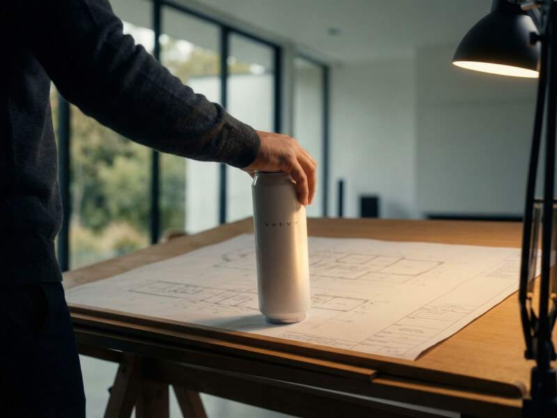En hand placerar försiktigt en vit Volvo-termos på ett väl upplyst träskrivbord med byggnadsritningar i en modern miljö