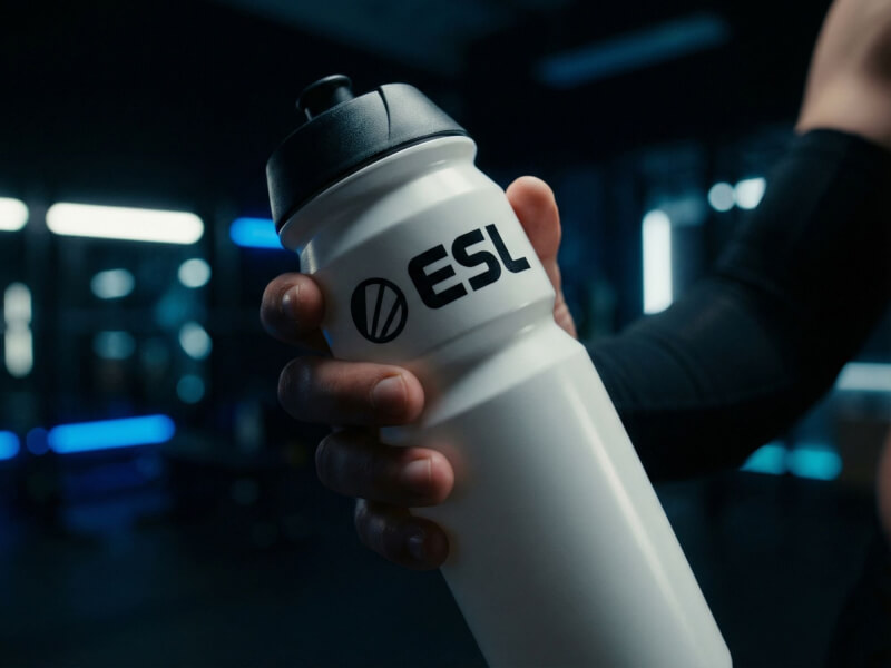 En hand i svart tröja som i blåaktig dämpad belysning på ett gym greppar en vit ESL-sportflaska i bioplast