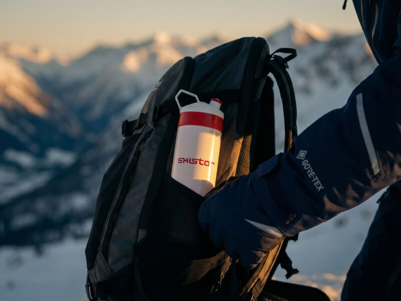 Person i skidkläder och handskar stoppar ner en Skistar-vattenflaska i sidofickan på sin ryggsäck utomhus i ett snötäckt alplandskap
