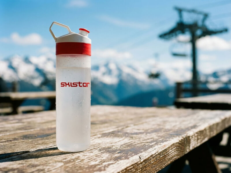 Vit Skistar-sportflaska med rött lock placerad på ett solbelyst picknickbord av trä utomhus i en vintermiljö med skidlift och snöiga berg