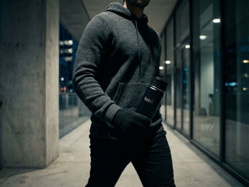 Person som går i en modern stadsmiljö på kvällen och håller i en mattsvart Termosmugg Canister med laserngraverad Tobii-logotyp.