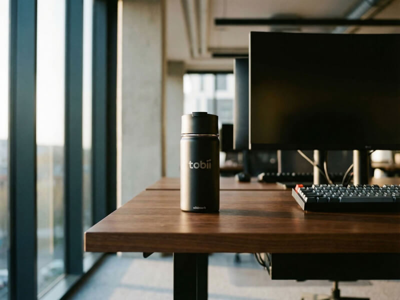 Svart matt termosmugg Canister med laser-graverad Tobii-logotyp placerad på ett skrivbord i en modern kontorsmiljö.