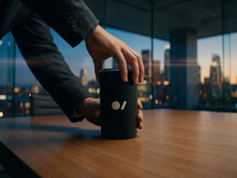 En person i kavaj håller en mattsvart Termosmugg Pika med tryckt logotyp på ett träbord i ett modernt kontor med utsikt över en stadssiluett i skymning.