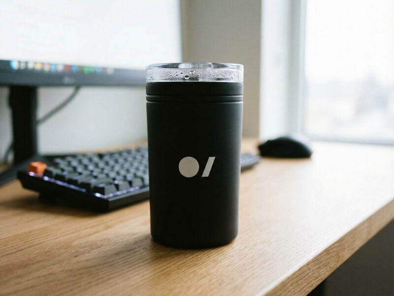 Svart matt termosmugg Pika med laser-graverad logotyp placerad på ett skrivbord i en kontorsmiljö med tangentbord och datorskärm i bakgrunden.
