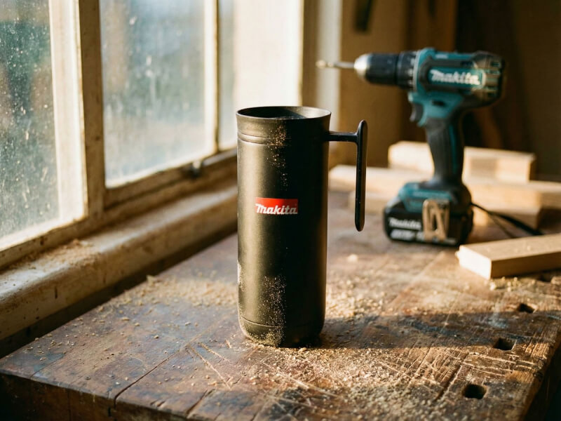 Svart matt termosmugg Clik med tryckt Makita-logotyp placerad på en dammig arbetsbänk i en snickarverkstad.