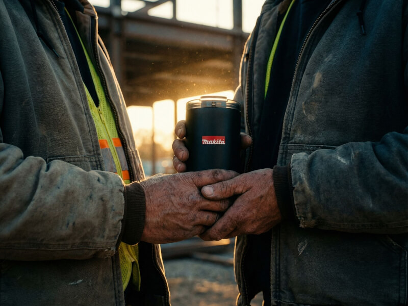 Svart matt termosmugg Lagom med Makita-logotyp på en byggarbetsplats i solnedgången.