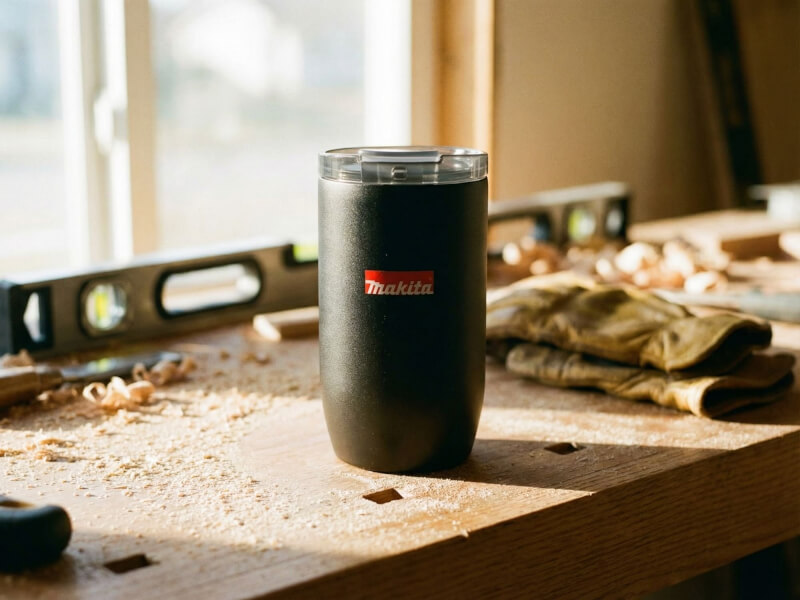 Svart matt termosmugg Lagom med Makita-logotyp placerad på en snickarbänk med träspån och arbetsverktyg i bakgrunden.