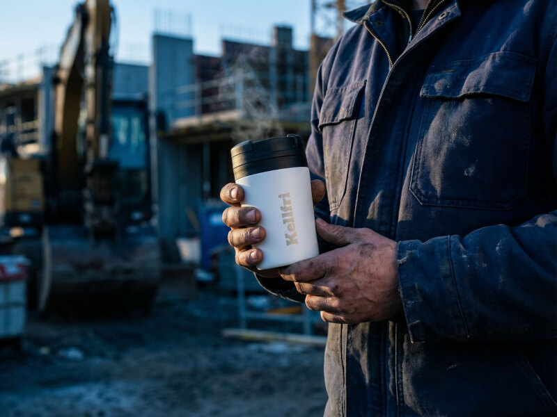 En byggarbetare i arbetskläder håller en vit matt Termosmugg Mini med en lasergraverad Kellfri-logotyp på en byggarbetsplats.