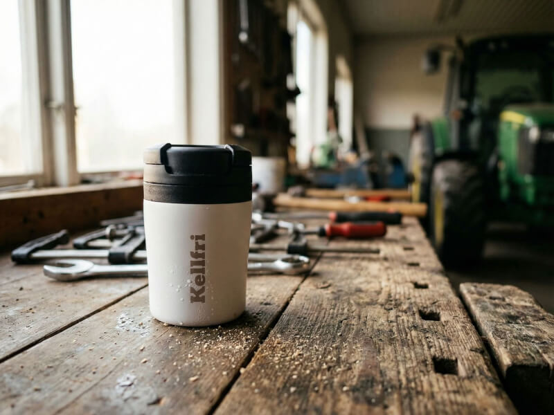 Vit matt termosmugg Mini med Kellfri-logotyp graverad, placerad på en sliten arbetsbänk i en verkstad med traktor i bakgrunden.