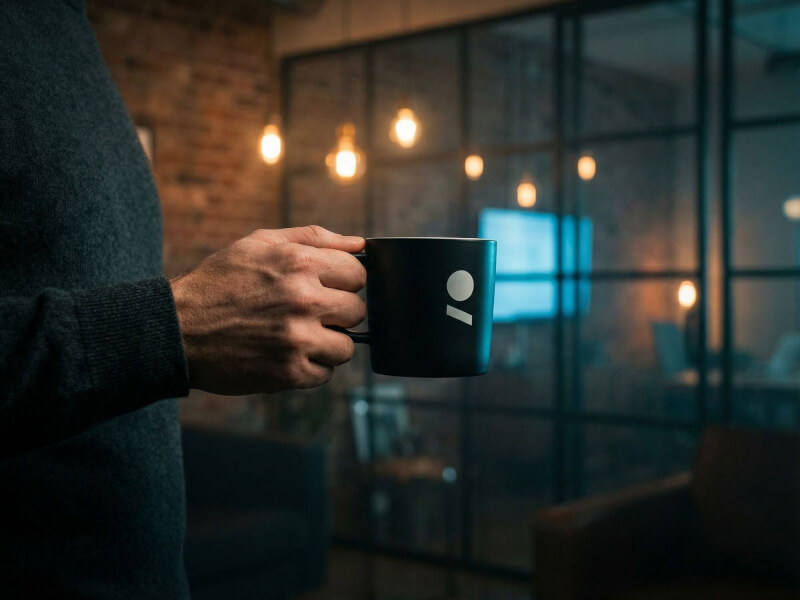 En person som håller i en svart matt stengodsmugg av modellen Ebba med ett vitt tryckt logotyp i en modern kontorsmiljö med glasväggar och varm belysning.