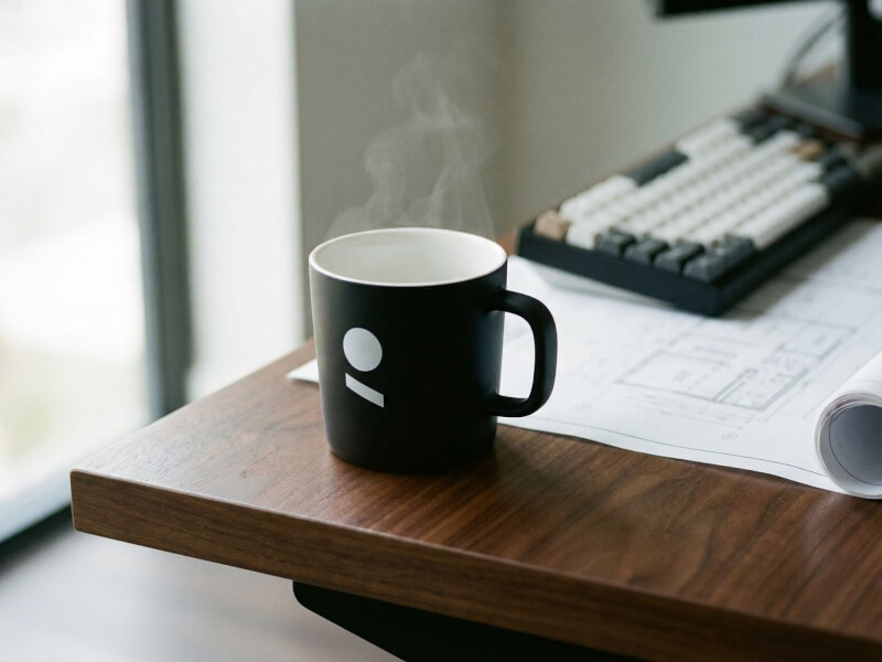 Stengodsmugg Ebba Svart med vit logotyp, placerad på ett skrivbord i en kontorsmiljö med ångande varm dryck.
