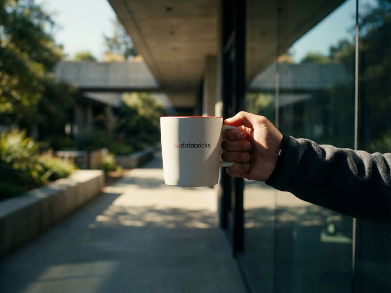 Person som håller i en vit stengodsmugg Ebba med röd insida och Databricks logotyp tryckt på framsidan, i en modern utomhusmiljö vid en kontorsbyggnad.