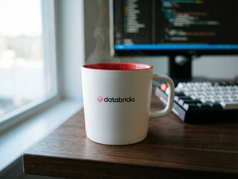 Stengodsmugg Ebba Vit med röd insida och Databricks-logotyp, placerad på ett skrivbord i en kontorsmiljö med en dator i bakgrunden.