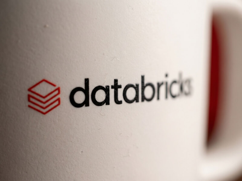 Närbild på en vit stengodsmugg Ebba med en tryckt röd logotyp och svart text 'databricks', tydlig bild av tryckkvalitet på keramik.