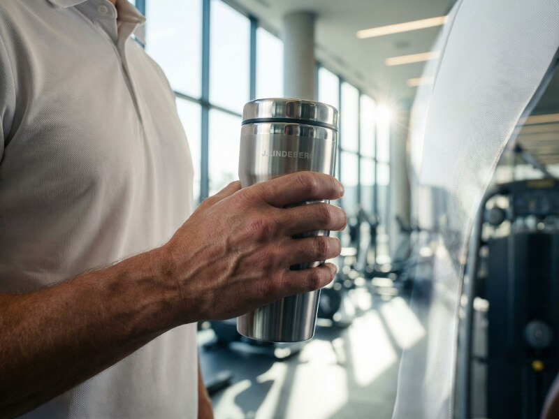 Person som håller i en rostfri termosmugg Contour med lasergraverad J.Lindeberg-logotyp i ett ljust och modernt gym.