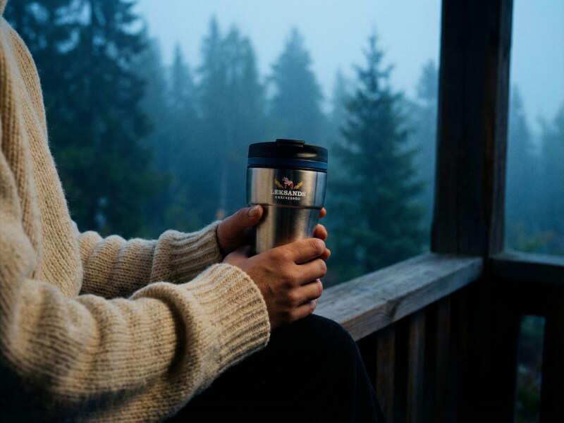 Person i beige tröja håller i en rostfri termosmugg Bayamo med Leksands Knäckebröd-logotyp på en träveranda med dimmig skog i bakgrunden.