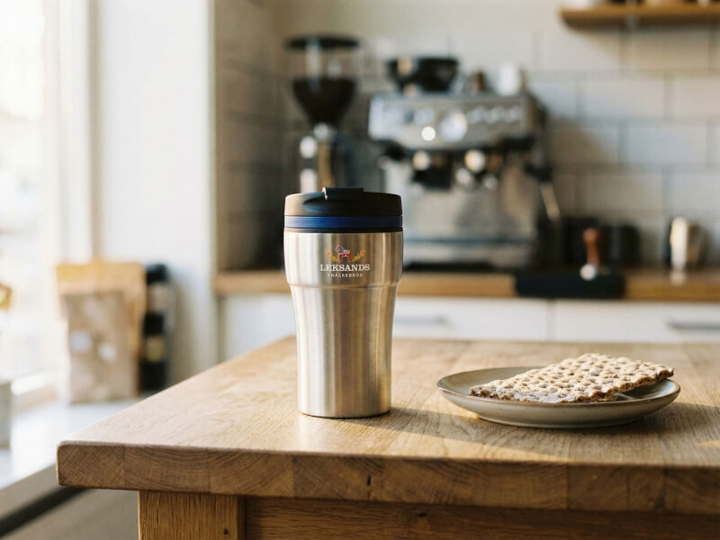 Termosmugg Bayamo i rostfritt stål med tryckt Leksands Knäckebröd-logotyp, placerad på ett träbord i ett kök.