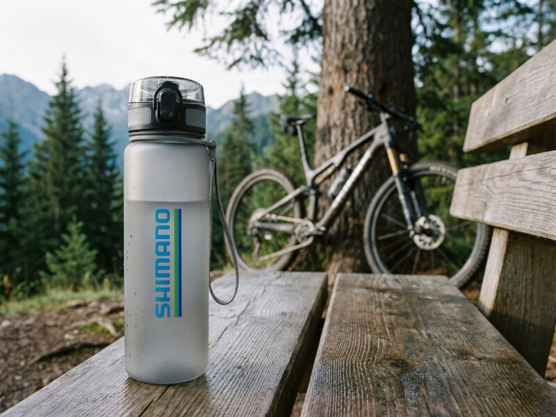 Frostat Shimano sportflaska stående på en mossig träbänk mitt i en barrskog, med en mountainbike suddigt parkerad i bakgrunden