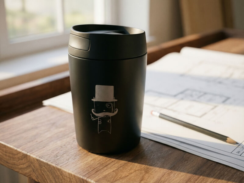 Svart matt termosmugg modell Auto med laseringraverat motiv av en figur med hög hatt, stående på ett skrivbord med ritningar och en penna.