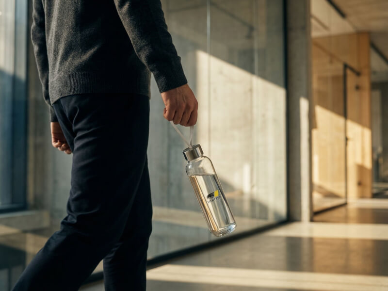 Person promenerandes genom en modern kontorskorridor med glasväggar, bärandes på en transparent vattenflaska med Smart Eye-tryck