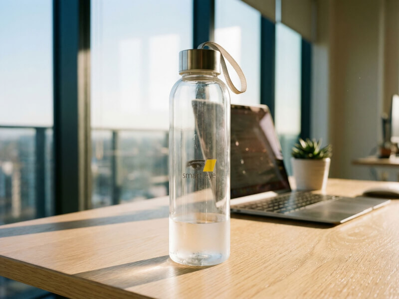 Transparent vattenflaska med Smart Eye-logotyp stående på ett skrivbord nära en bärbar dator i strålande morgonsol