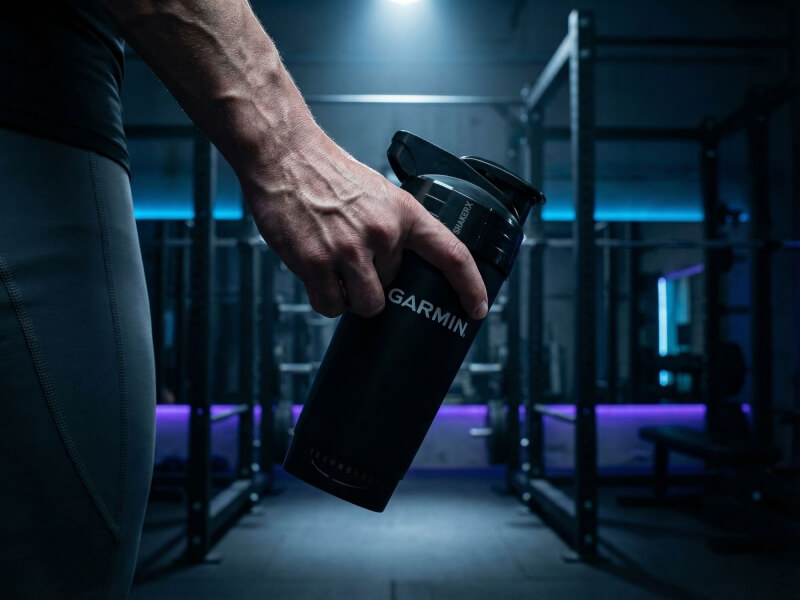 En person håller i en matt svart Shaker Pro med vit Garmin-logotyp i ett modernt gym med blå och lila accentbelysning.